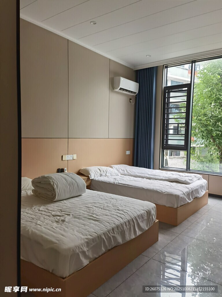 简约双床卧室室内景观