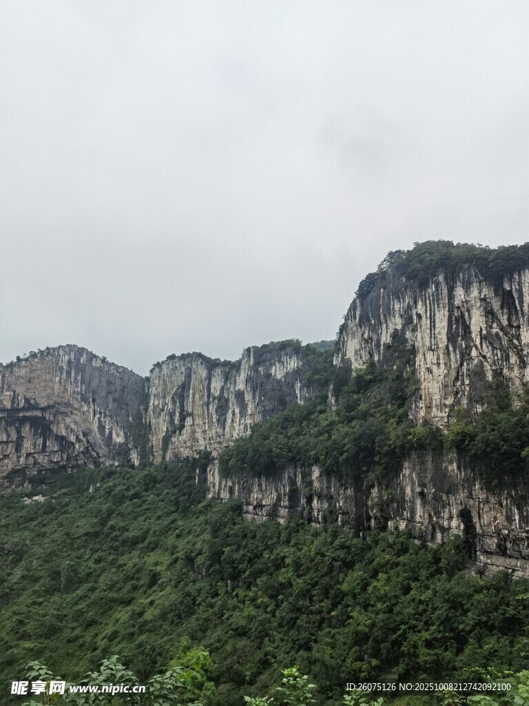 壮丽山峰被葱郁植被环绕