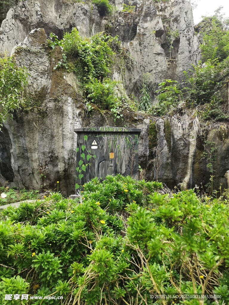 山间小屋隐于绿植岩石间