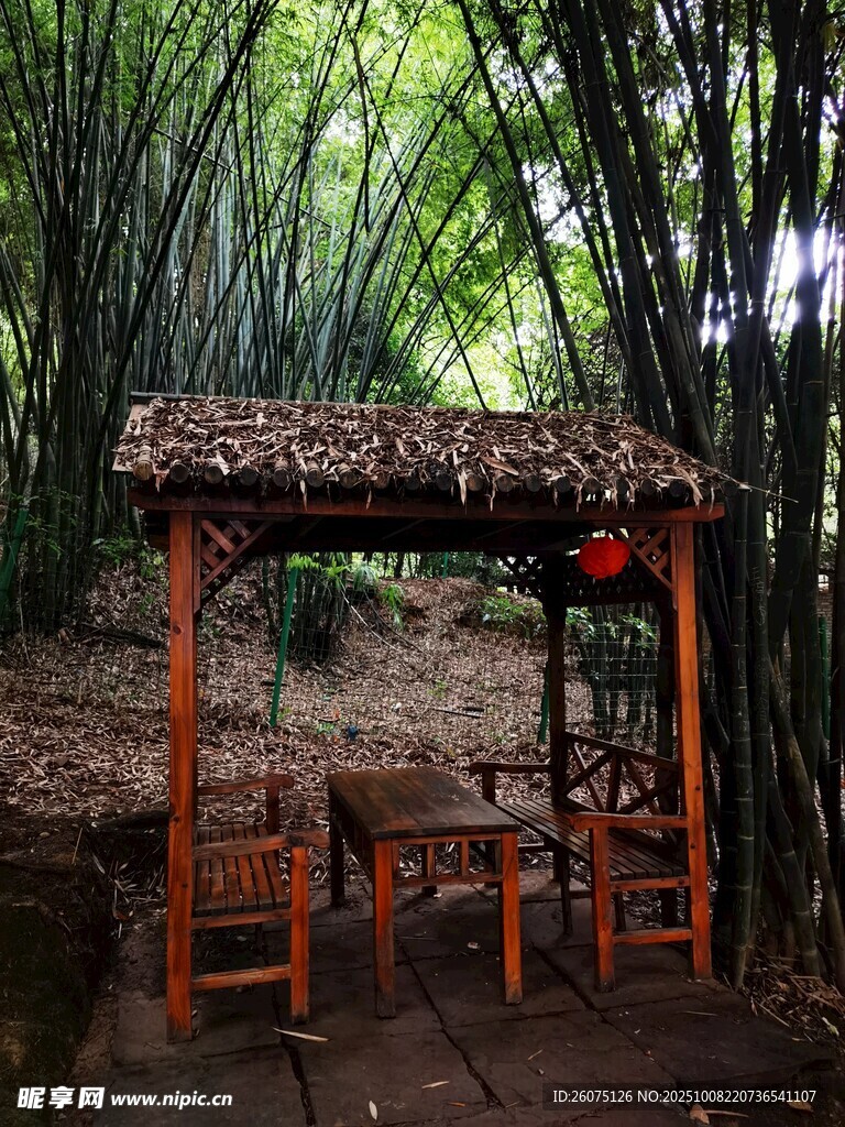 竹林中的古朴休憩小亭