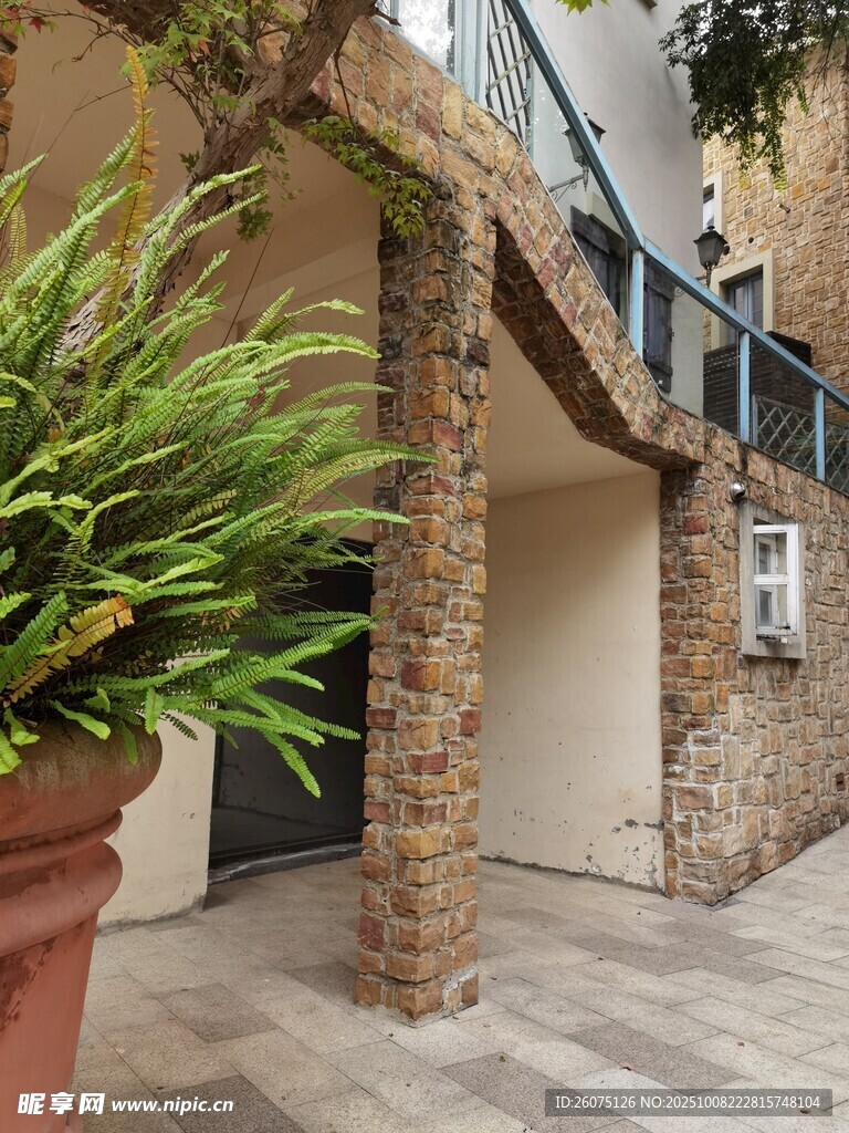 庭院中的绿植与石砌建筑