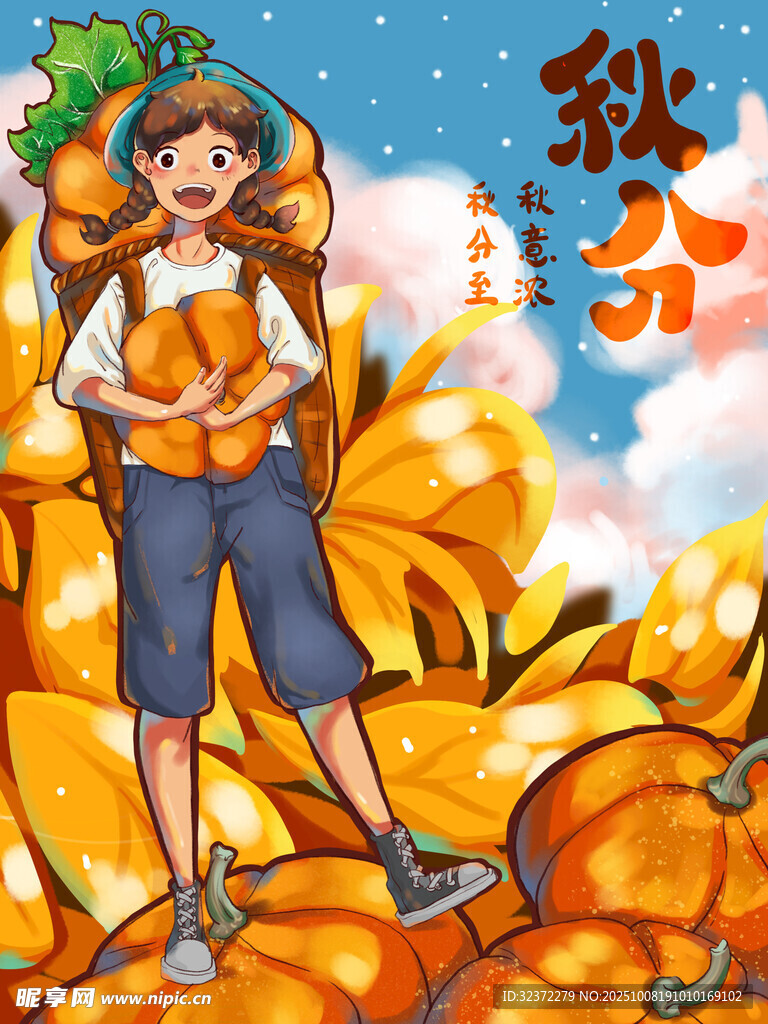秋日少年置身南瓜堆中