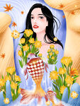 美人鱼手持花束梦幻插画