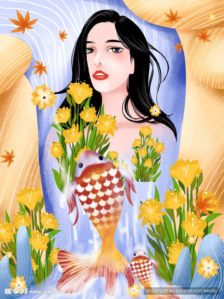 美人鱼手持花束梦幻插画