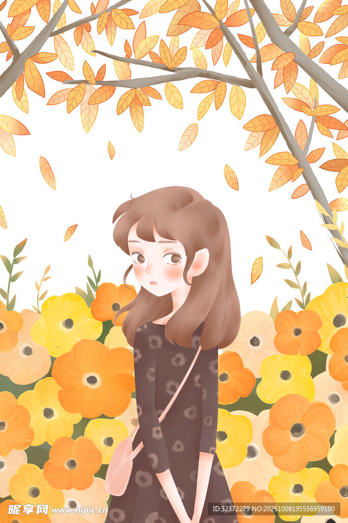 秋日花丛中的少女漫步