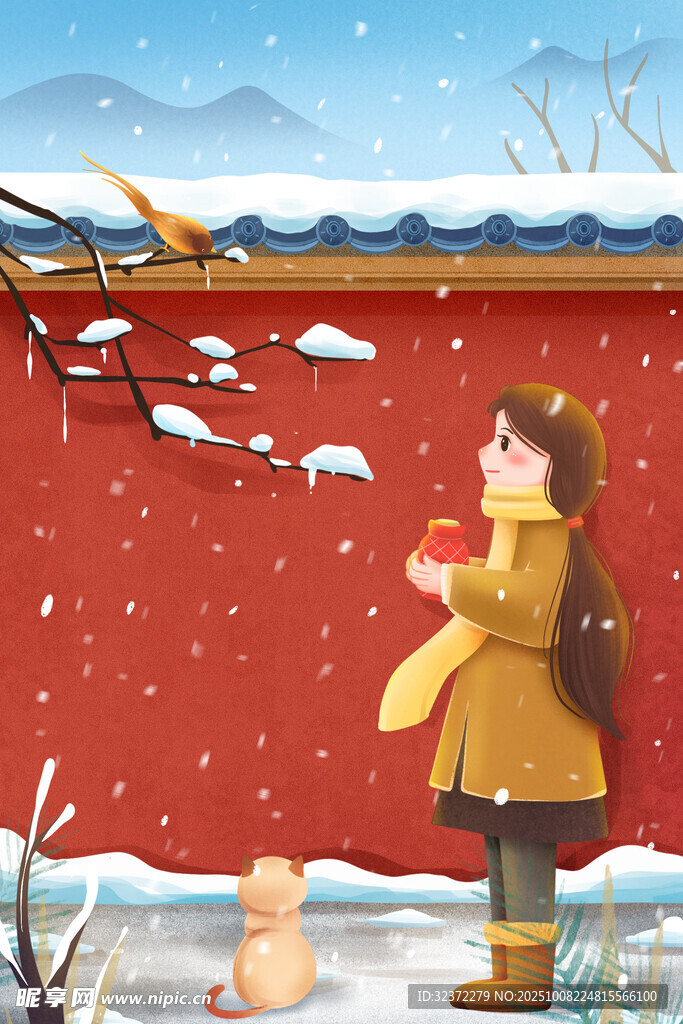 冬日少女赏雪温馨场景