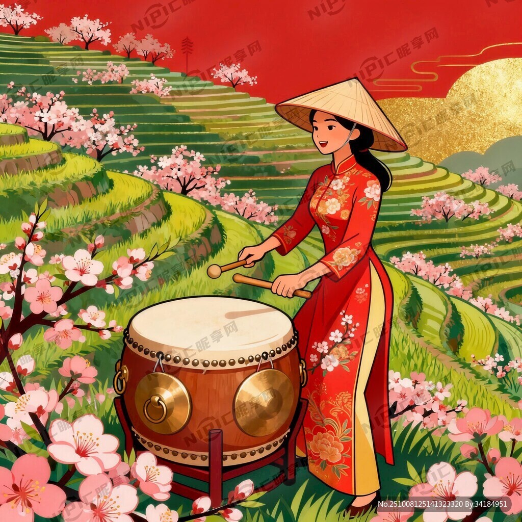 春节戴斗笠的越南女在开满桃花的