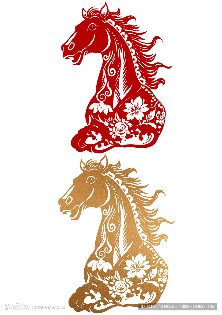 红金骏马剪纸图案