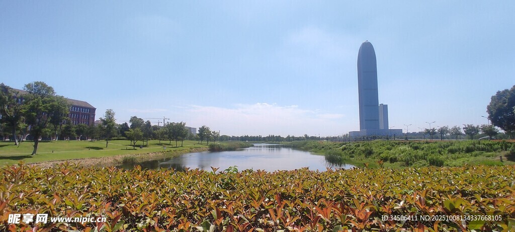 湖畔秋叶与远处高塔景观