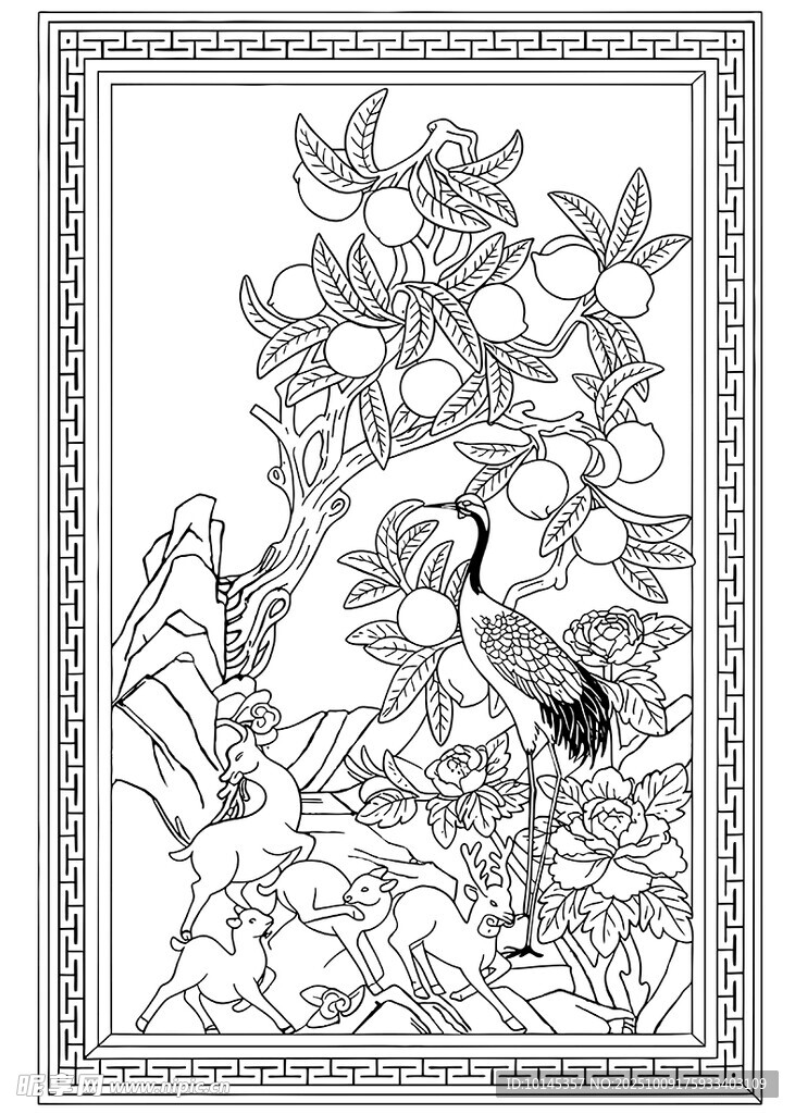 中式花鸟黑白线稿图