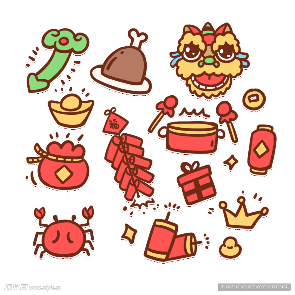 春节元素手绘图标集合