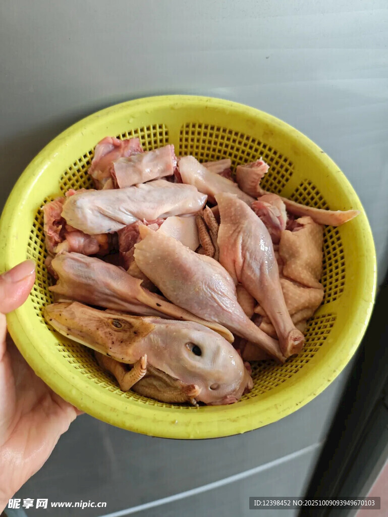 手捧黄盆中的新鲜鸡食材