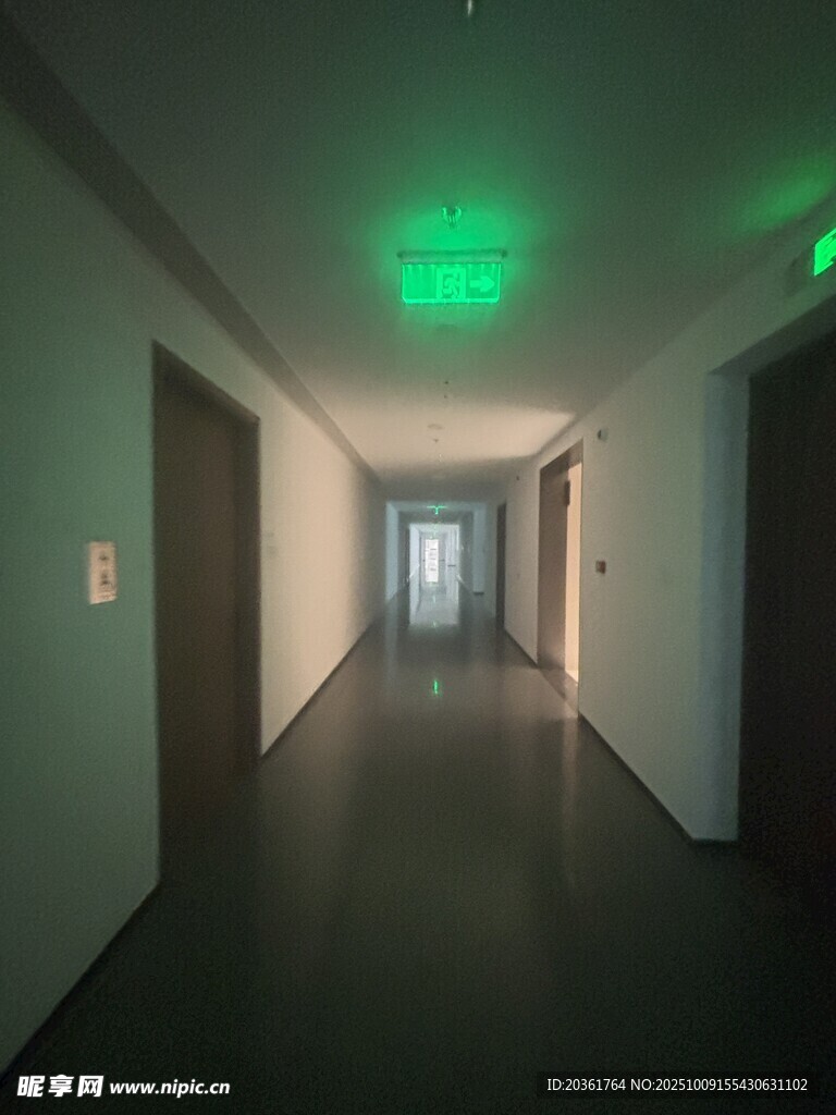 幽暗走廊中的绿色灯光