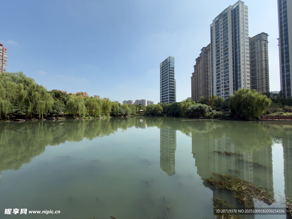 河畔高楼映绿水