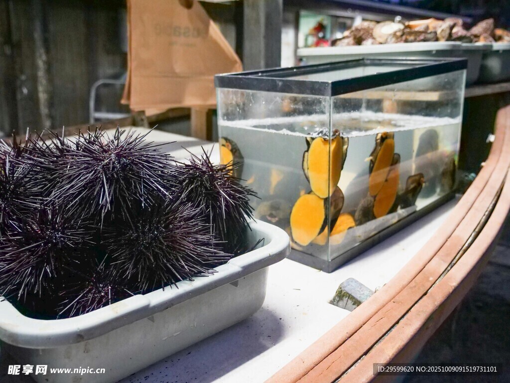 海鲜摊位上的多样海产