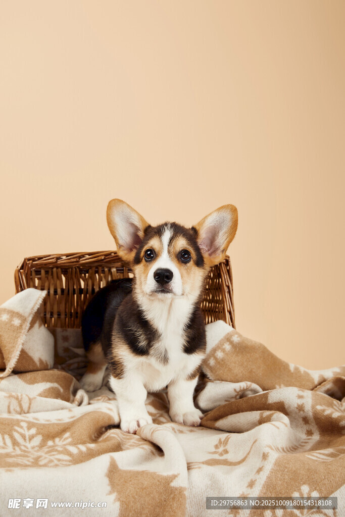 可爱柯基犬躺于舒适毯子上