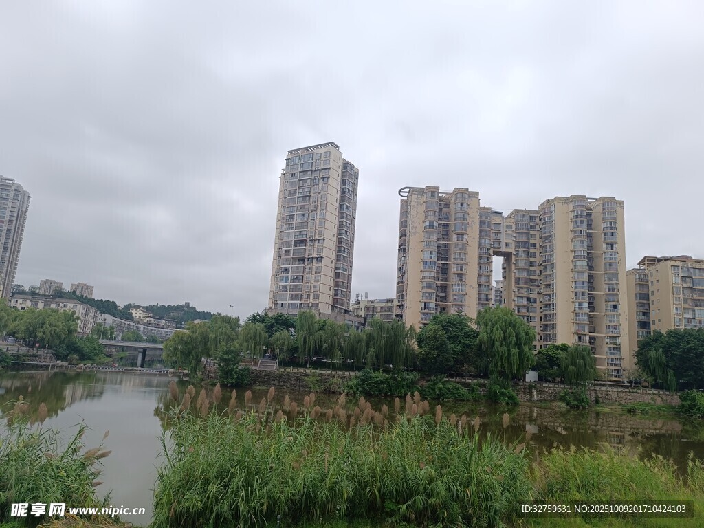 河畔高楼林立的城市景致