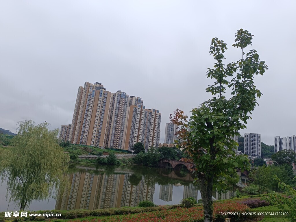 湖畔高楼与绿植景观