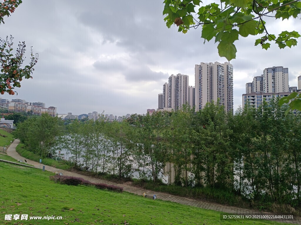 河畔绿地旁的城市建筑群