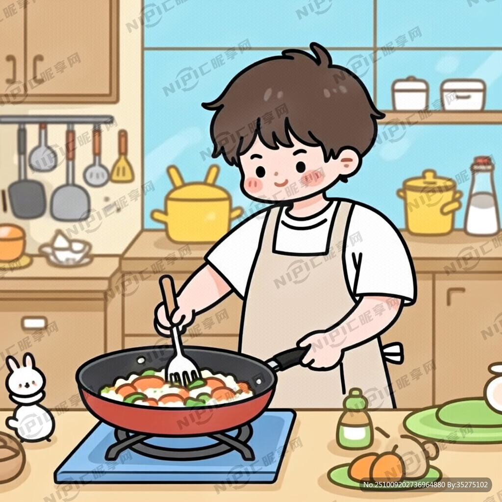 卡通男生炒饭 锅 锅铲 围裙