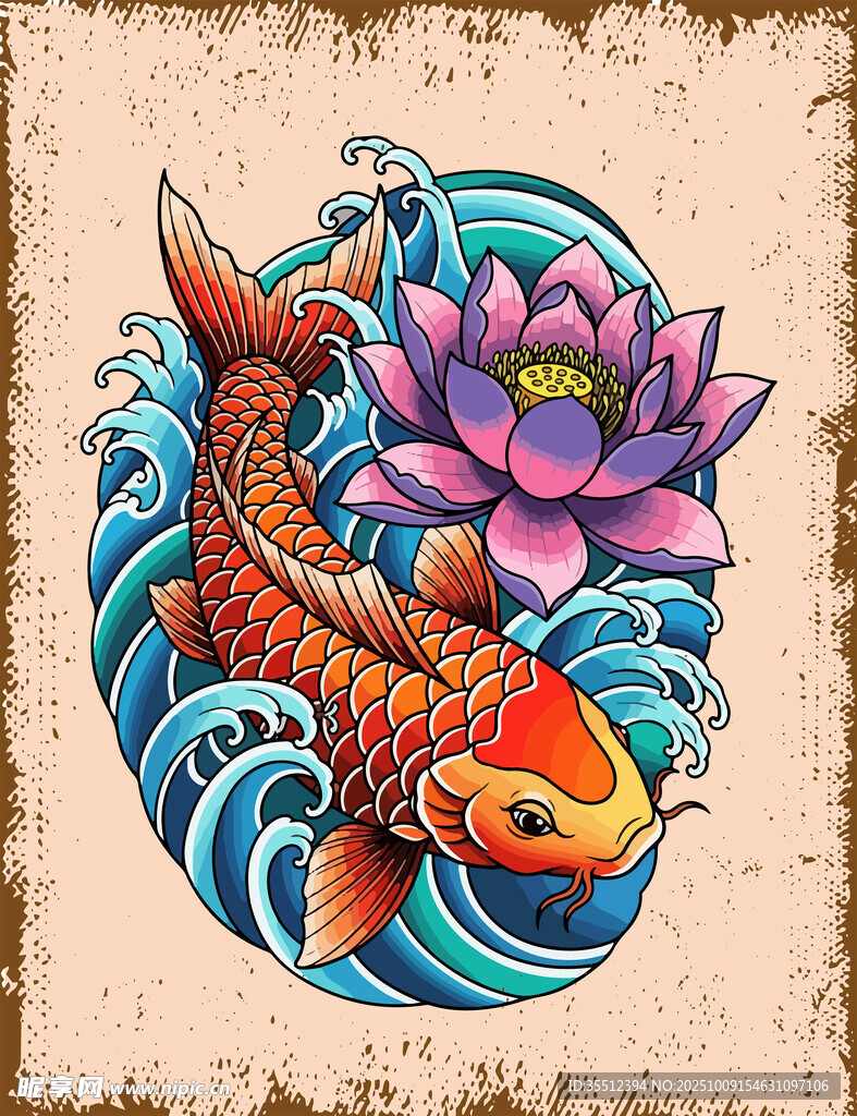 锦鲤与莲花纹身图案