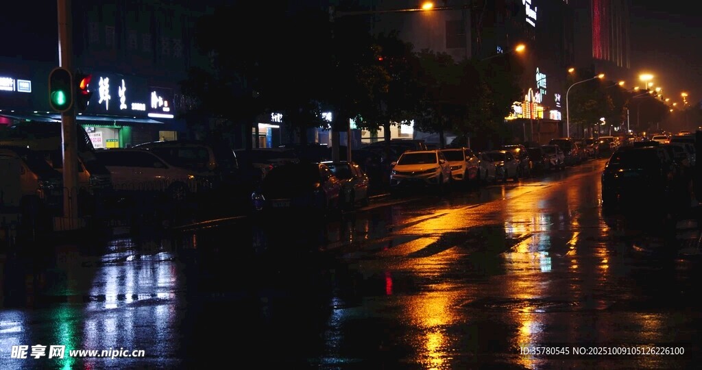 雨夜城市街道积水倒影