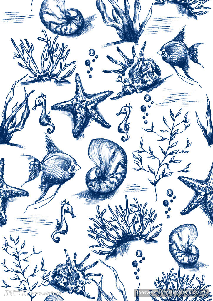 海洋生物手绘无缝图案