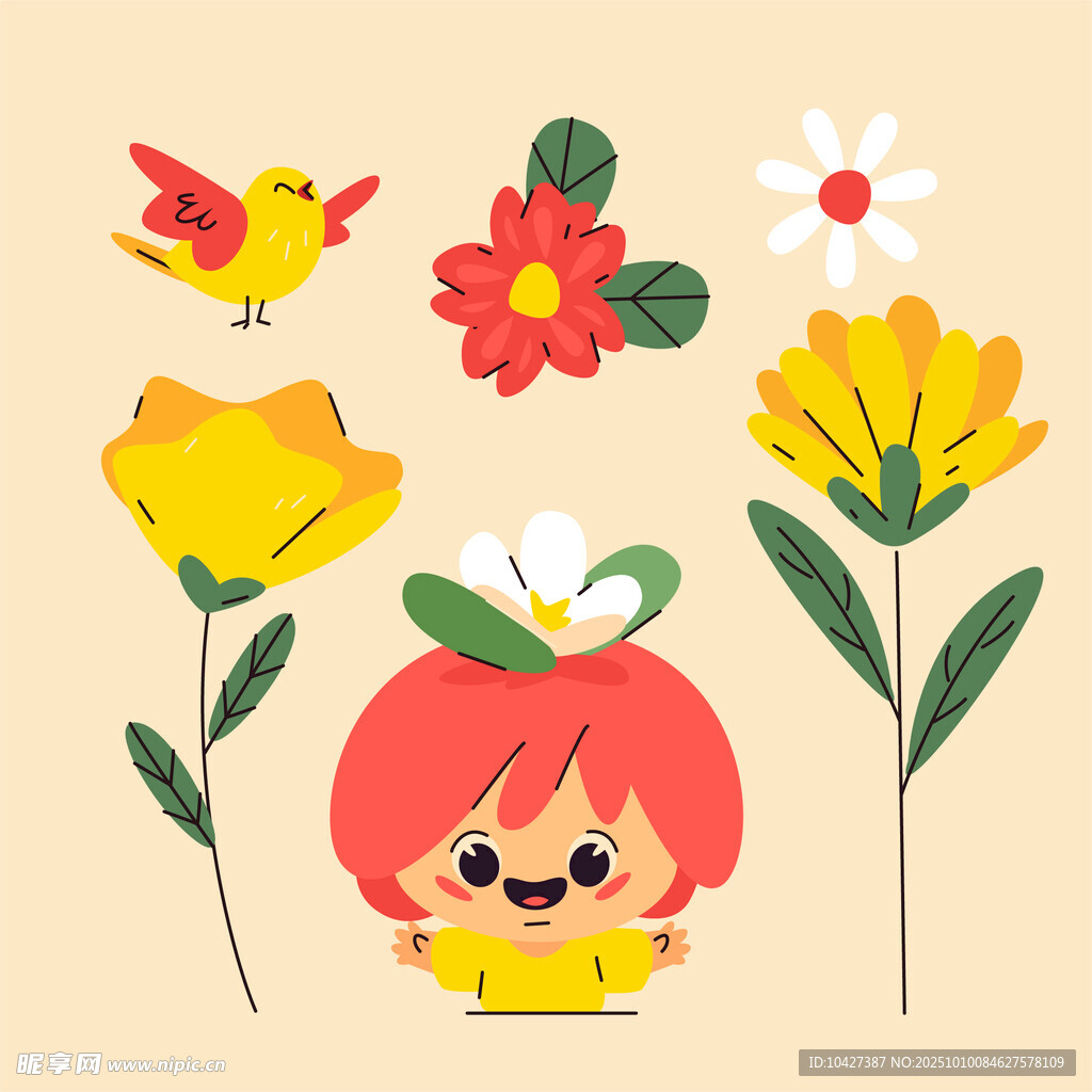 可爱卡通女孩与花卉小鸟