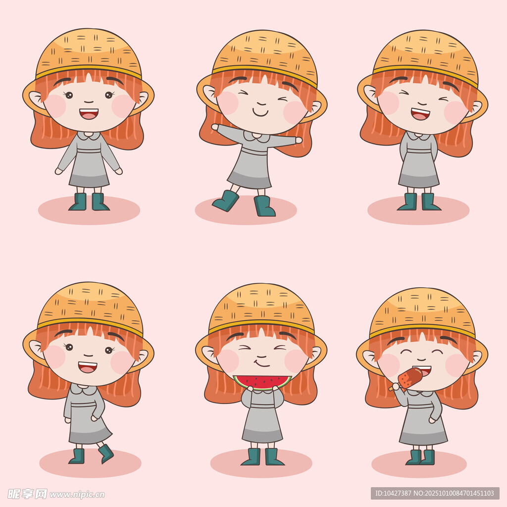 戴草帽女孩的多样表情动作
