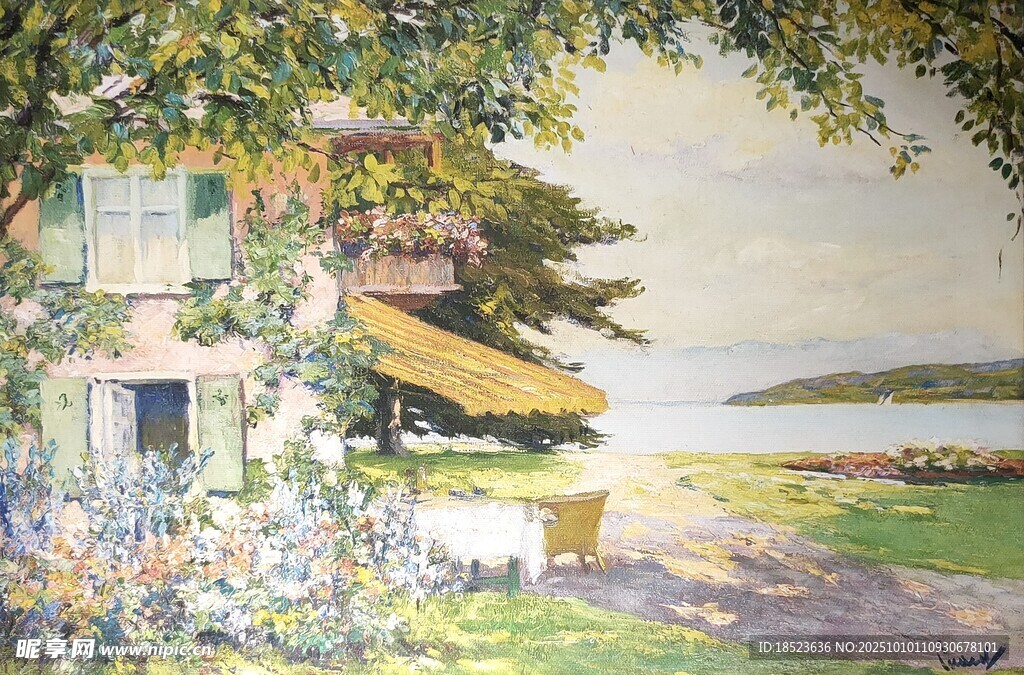 湖畔小屋旁的惬意风景