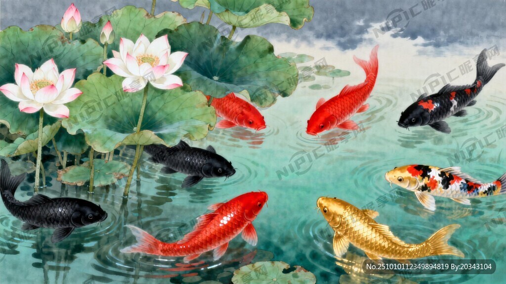 荷花 四条黑色锦鲤 