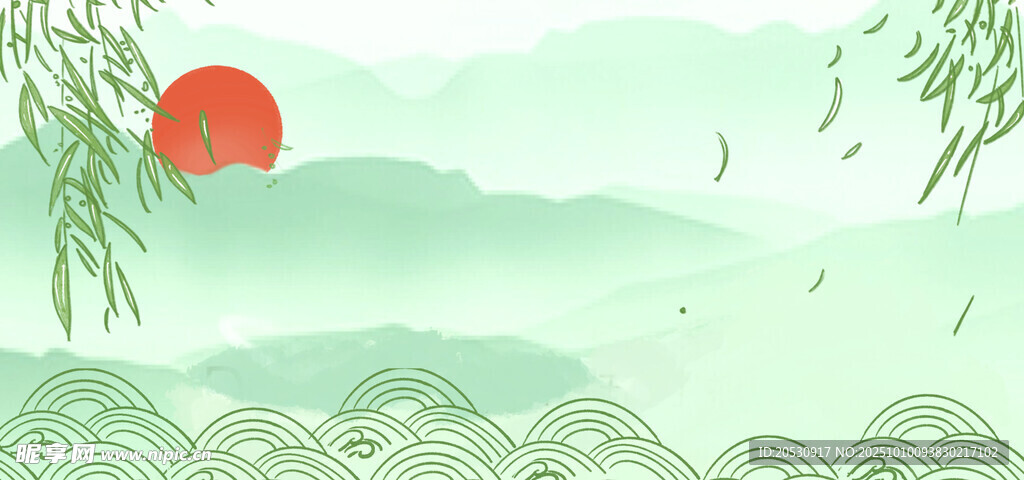 春日柳岸红日图