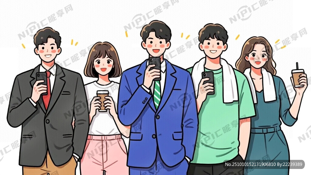 一群人拿着手机或者咖啡 5个人