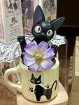 黑猫摆件配紫花于杯上