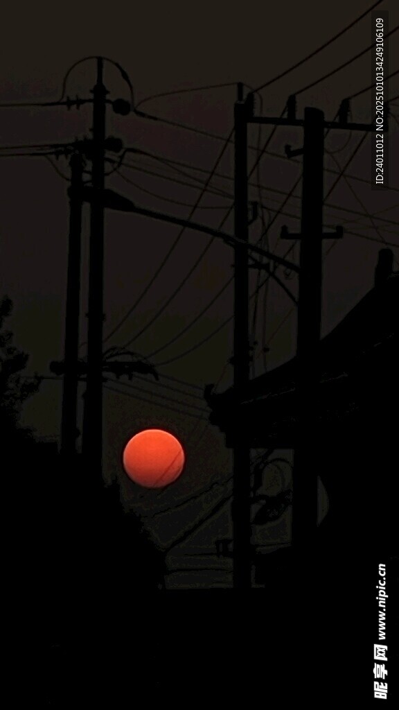 夕阳下的电线与城市剪影