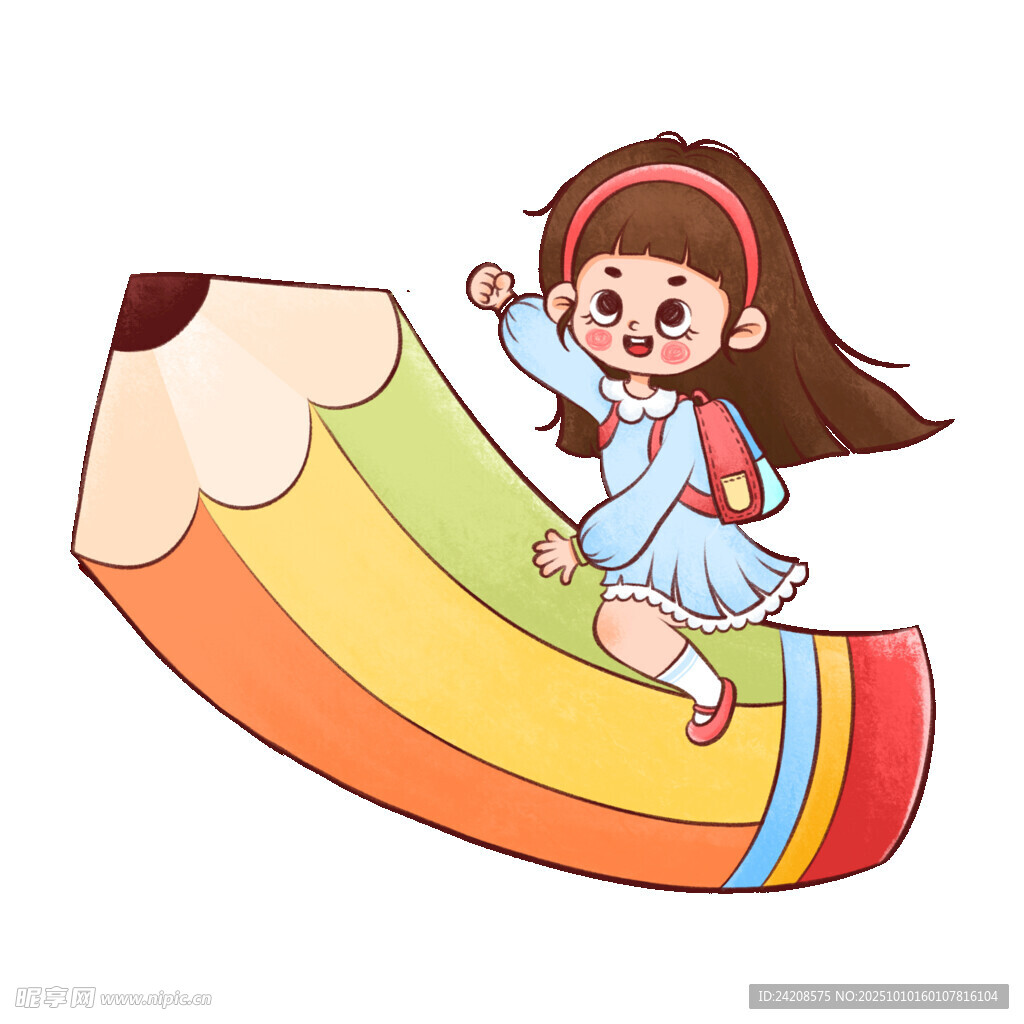女孩骑彩色铅笔快乐飞翔