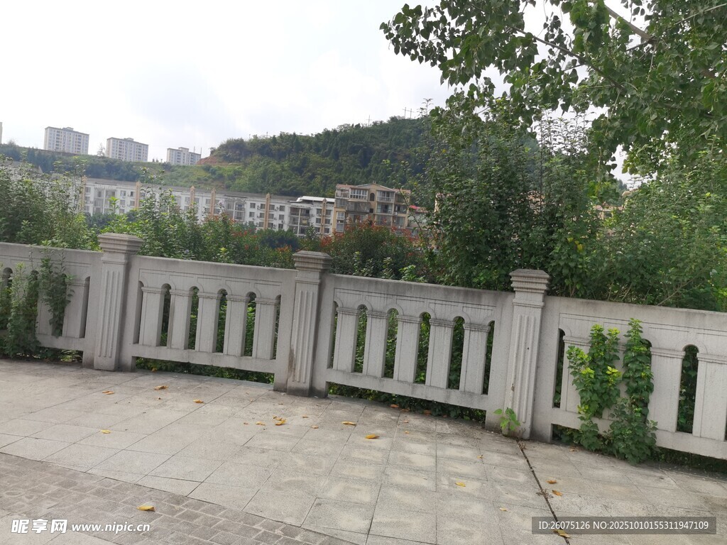 户外白色围栏与绿植景观
