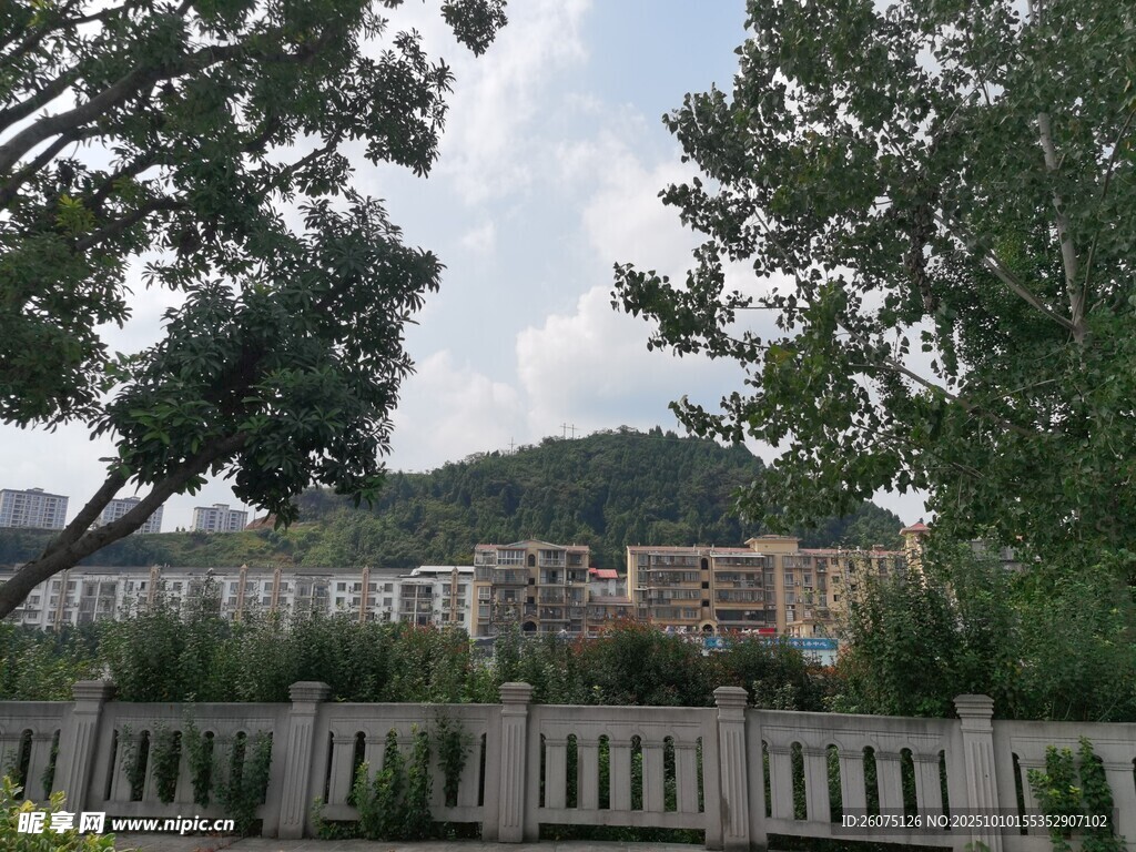 绿树环绕的远处建筑景观