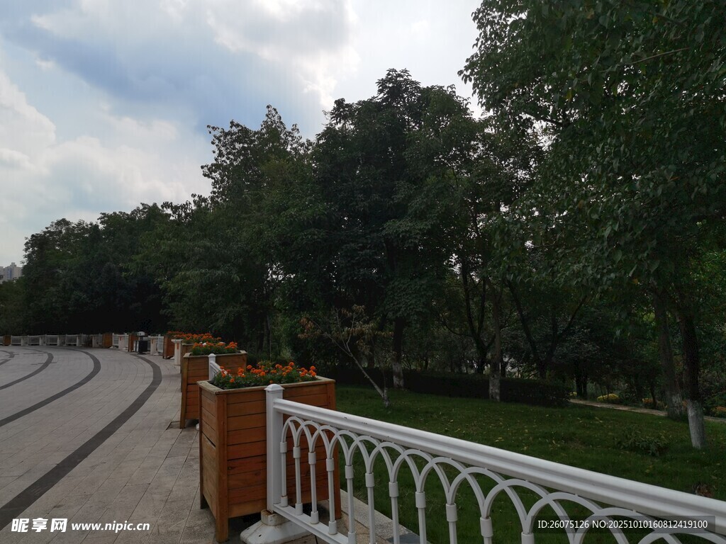公园步道旁的白色护栏景观