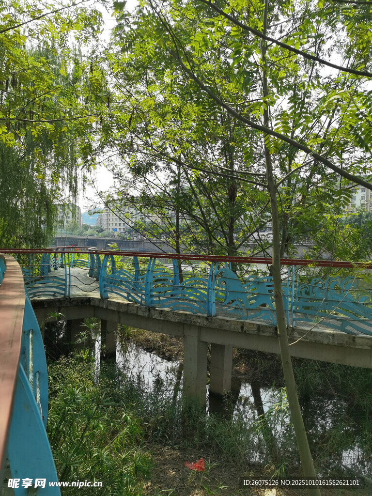 河畔蓝桥绿树风景如画