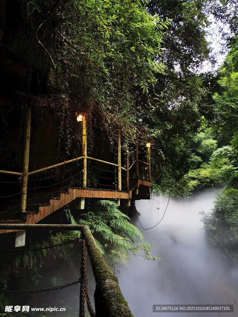 森林中的梦幻木屋与溪流