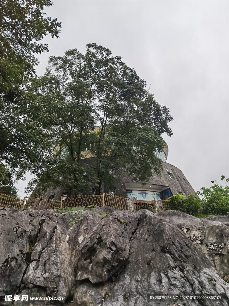 岩石旁绿树环绕的小屋