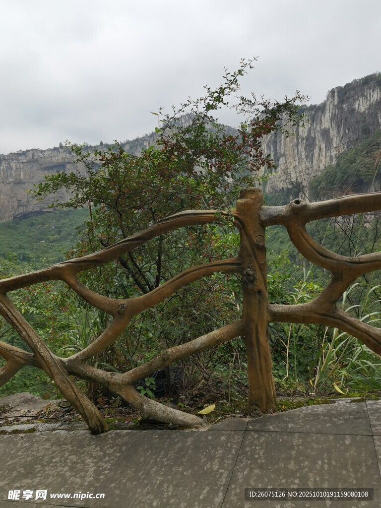 山间木栏杆旁的自然景致
