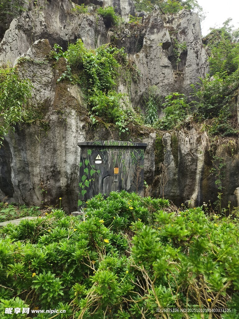 山间隐秘小屋被绿植环绕