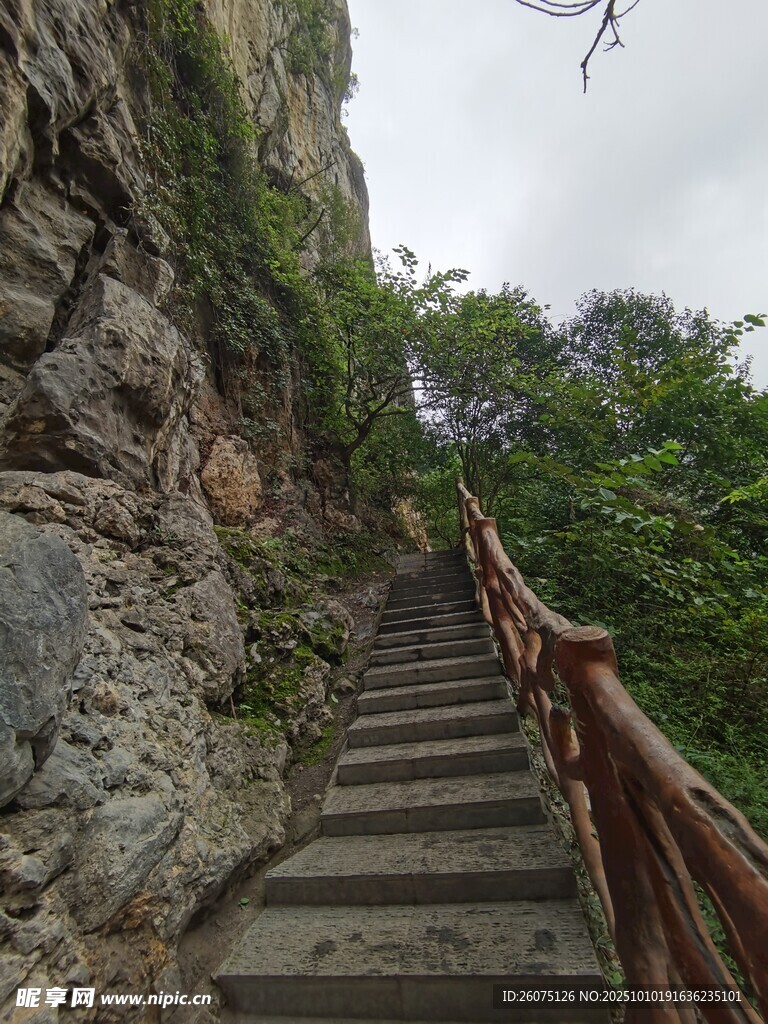 山间木质阶梯蜿蜒向上