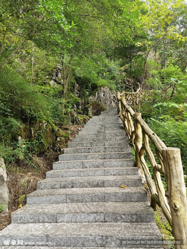 山间木栏石阶步道