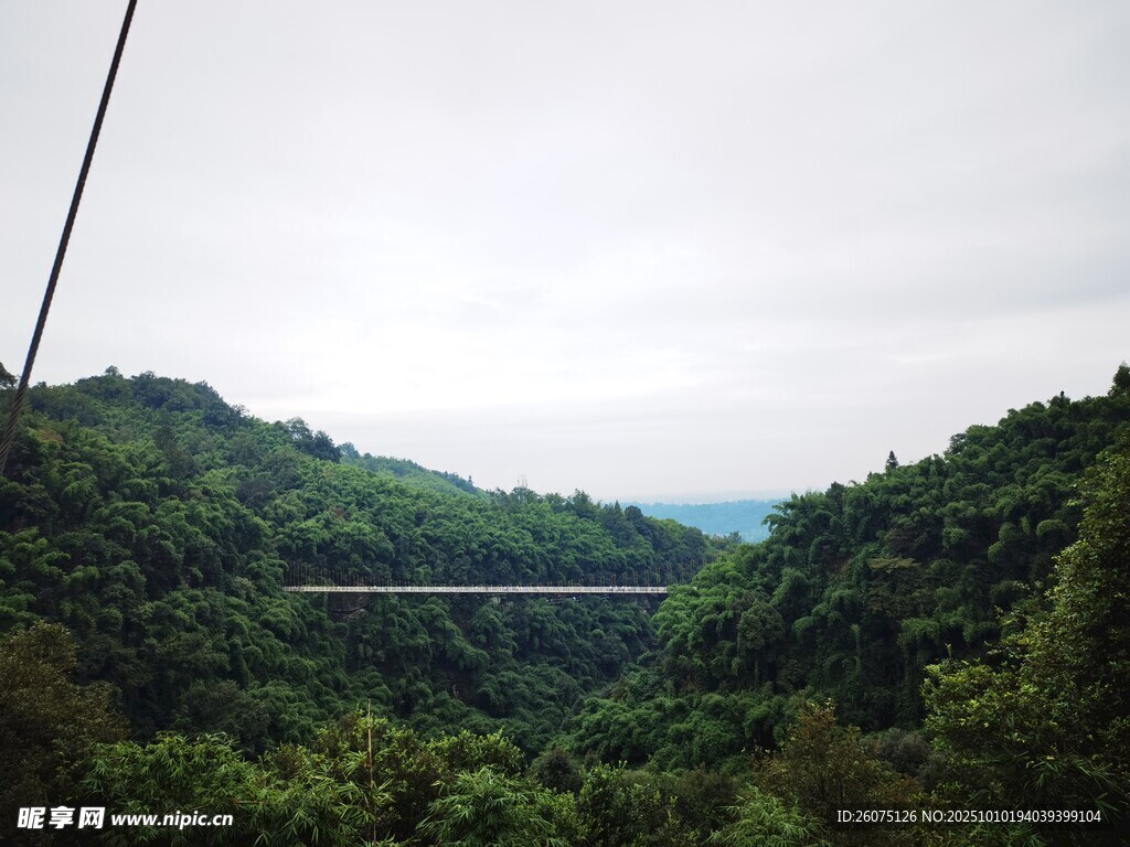 山间悬索桥横跨葱郁山谷