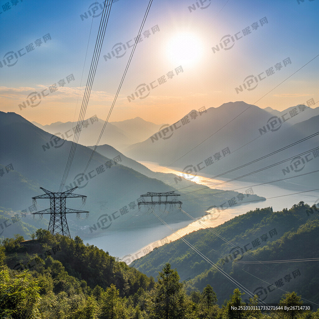 画面有山水 电网 太阳