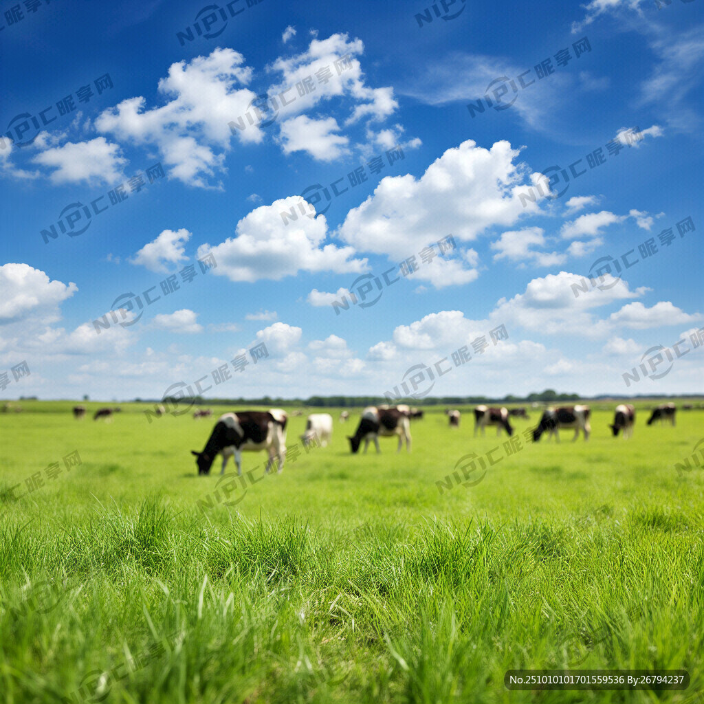 蓝天白云绿色草地奶牛牧场 高清