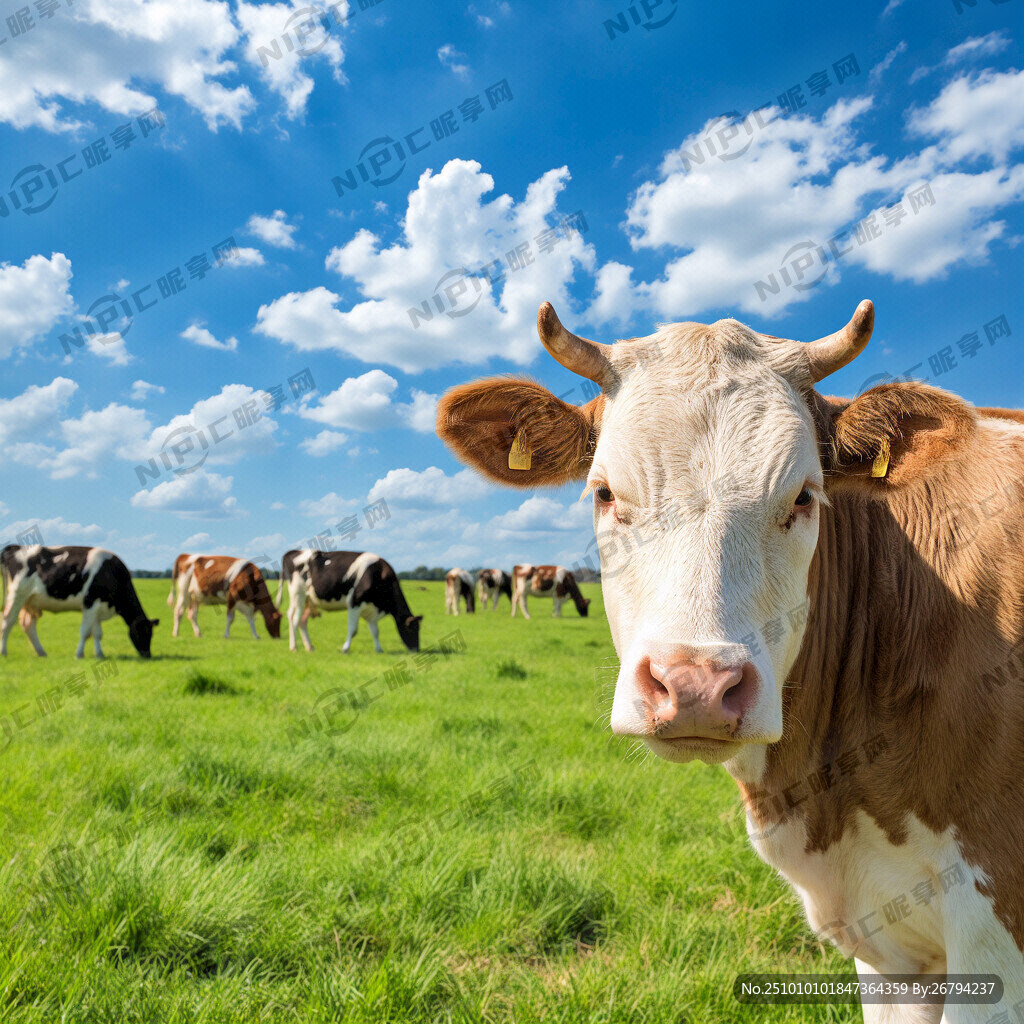 蓝天白云绿色草地奶牛牧场 高清